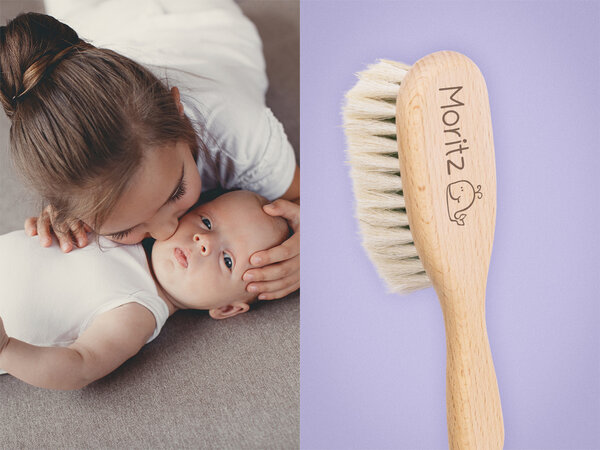 Personalisierte Babyhaarbürste mit graviertem Name und Wal. Produkt ist nur online erhältlich. Link führt zur Website.