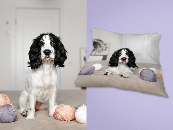 Kopfkissenbezug mit persönlichem Foto über das komplette Kissen hinweg. Daneben ein Bild von einem Hund.
