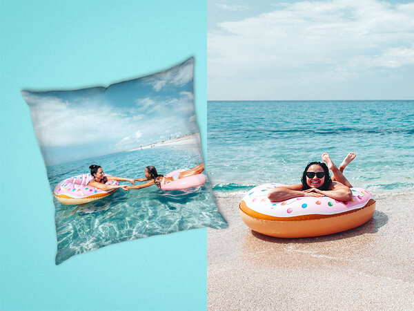 Quadratisches Kissen im Format 50 x 50 cm mit persönlichem Foto vollflächig über das komplette Kissen hinweg.