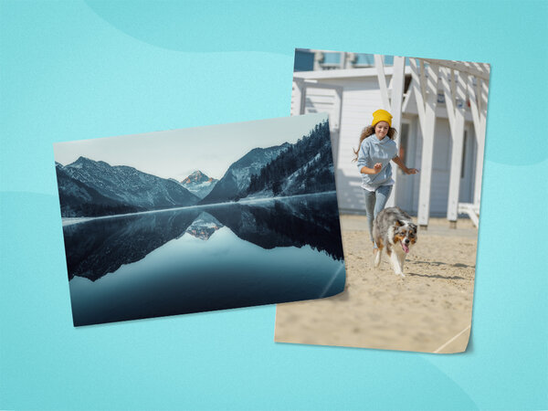 Zwei Premiumposter im Hoch- und Querformat mit Bilder eines Mädchens und einer Berglandschaft. 