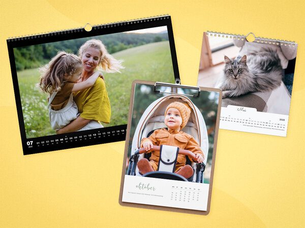 Kalender in verschiedenen Formaten mit Spiralbindung oder Klemmbrett, unterschiedlichen Designs und Motiven.