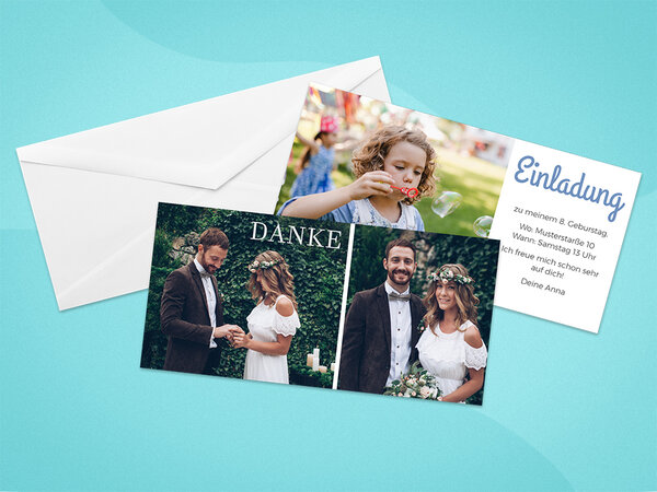 Grußkarte mit Hochzeitspaar. Daneben eine Grußkarte als Einladung zum Kindergeburtstag. 